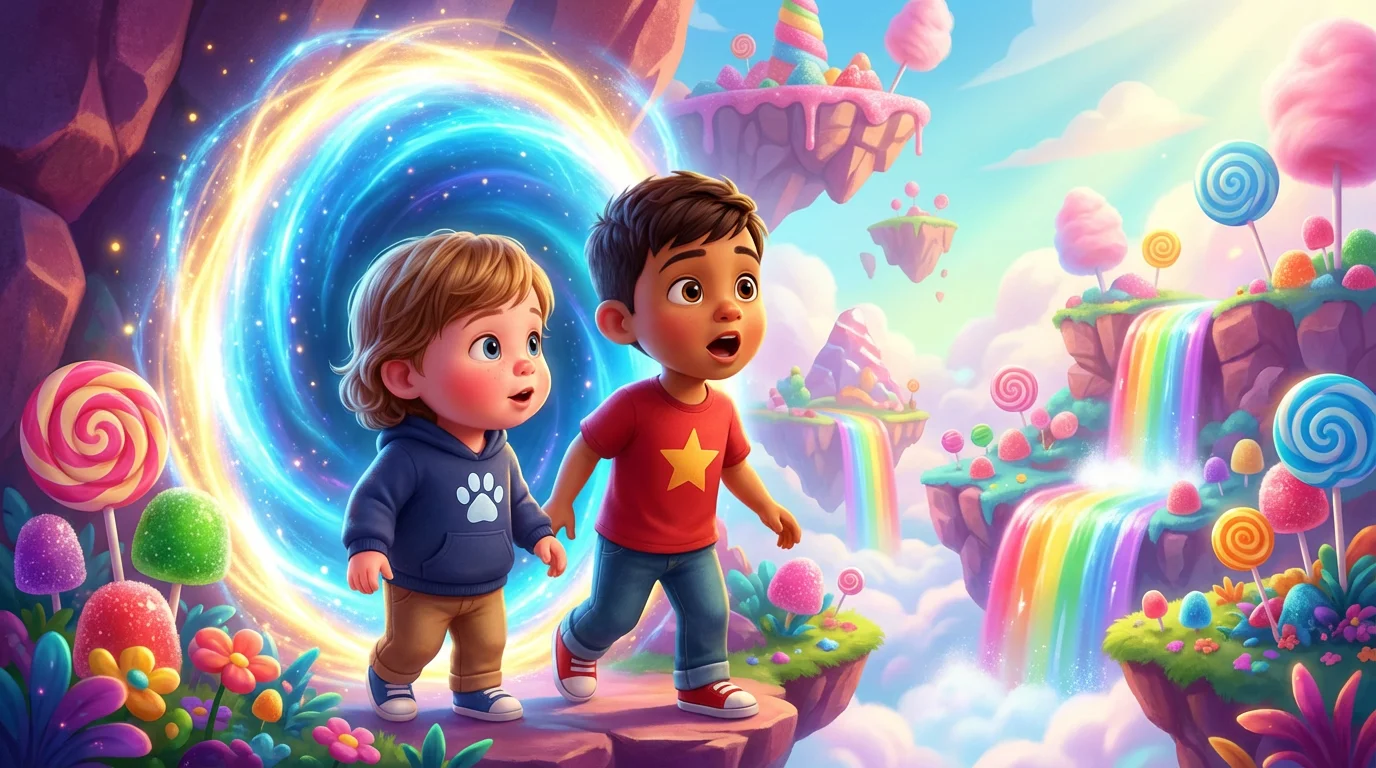 They stepped through the portal and landed in a magical candy land with rainbow waterfalls and cotton candy clouds!