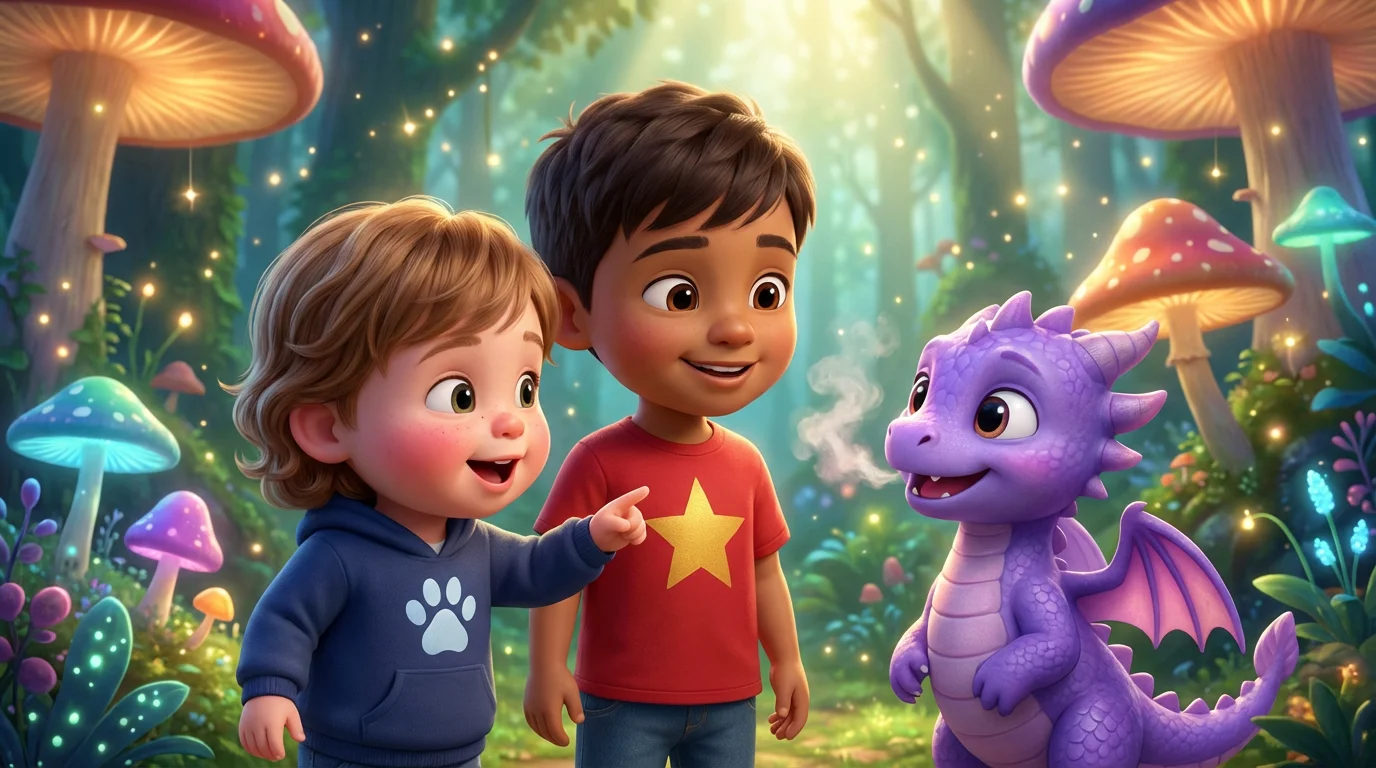 In an enchanted forest, they met a friendly purple dragon named Violet who was waiting for heroes like them!