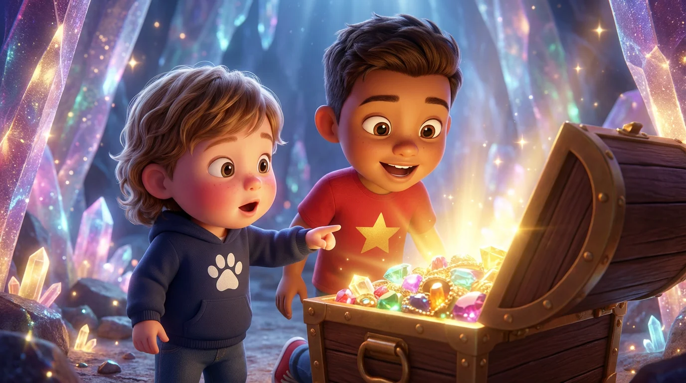 Deep inside a crystal cave, they discovered a treasure chest overflowing with sparkling gems!